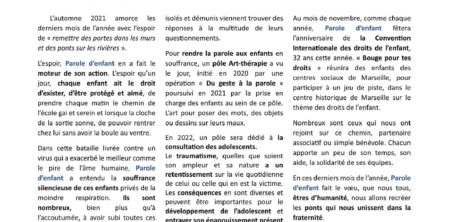Novembre 2021 Actions et Missions de Parole d’enfant EDITO UDAF 13